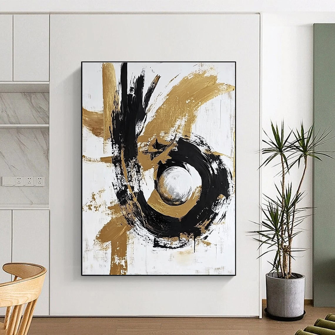 Black Gold Silver Abstract Painting with Metallic Swirls WINK655