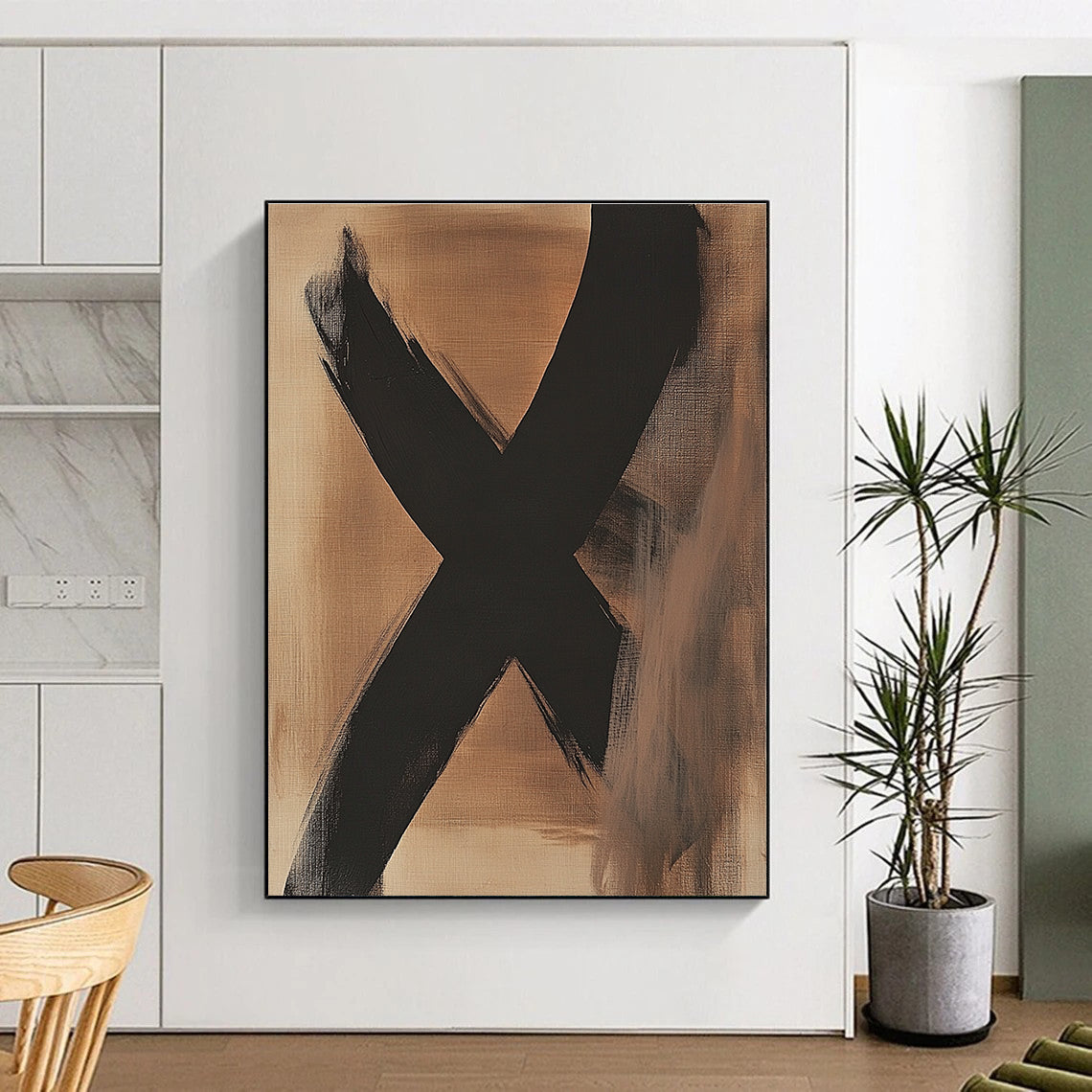 Large Black X on Beige Abstract Painting with Bold Symbolism WINK017