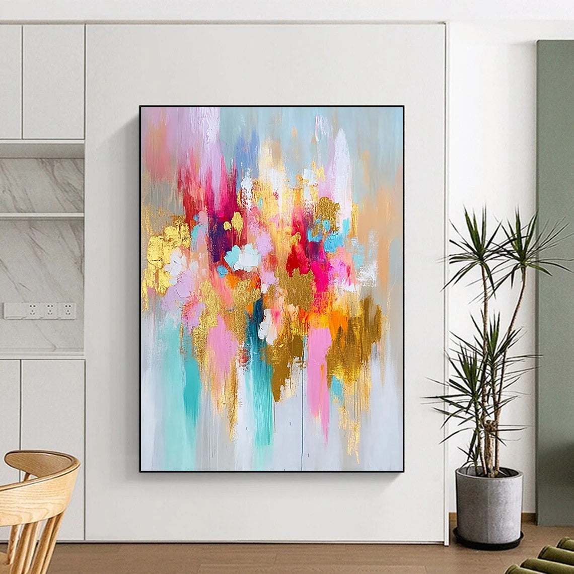 Colorful Gold Abstract Flowers Painting with Delicate Glows WINK675