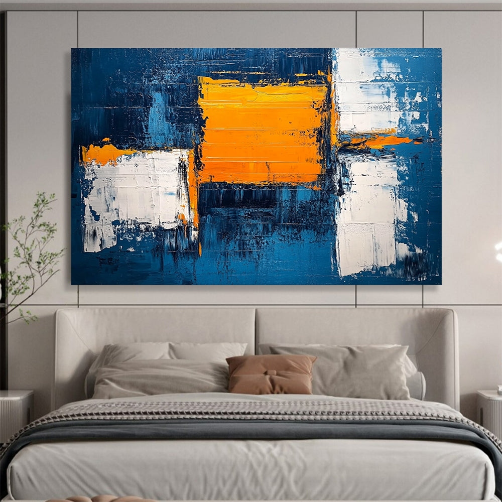 Blue and Orange Geometric Abstract with Textured Edges Abstract Painting ABS382