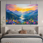 Sunset Mountain River Abstract Painting for Nature - Lover Bedrooms YHT414
