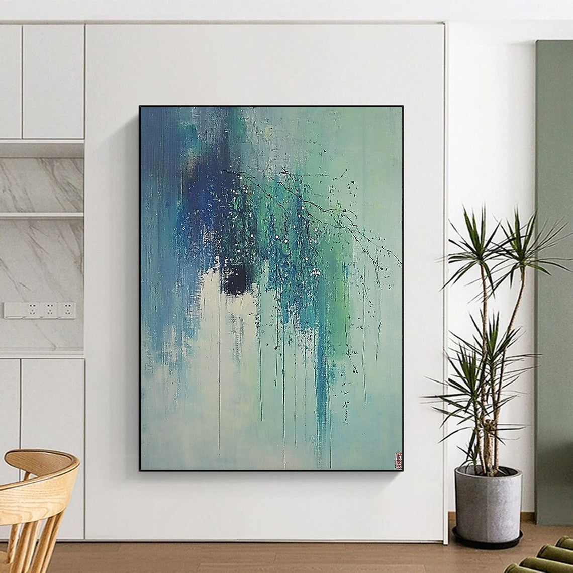 Blue and Green Dripping Branches Abstract Painting of Ethereal Nature GAB0174