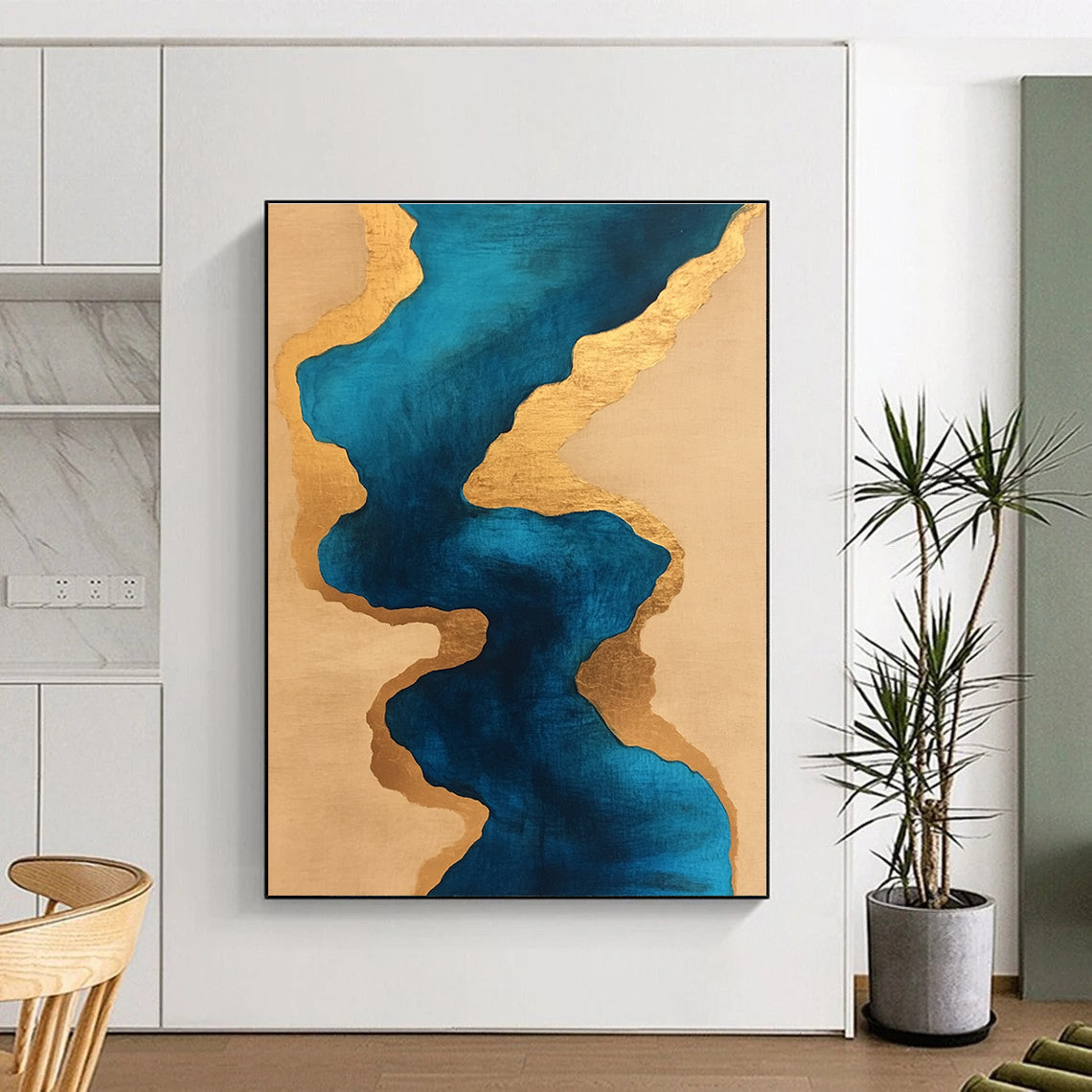 Blue and Gold Fluid Shapes Abstract Painting with Luxurious Flow WINK234