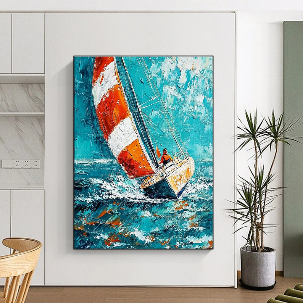 Sailing Boat in Blue Sea Dynamic Abstract Painting for Nautical Enthusiasts GAB1461