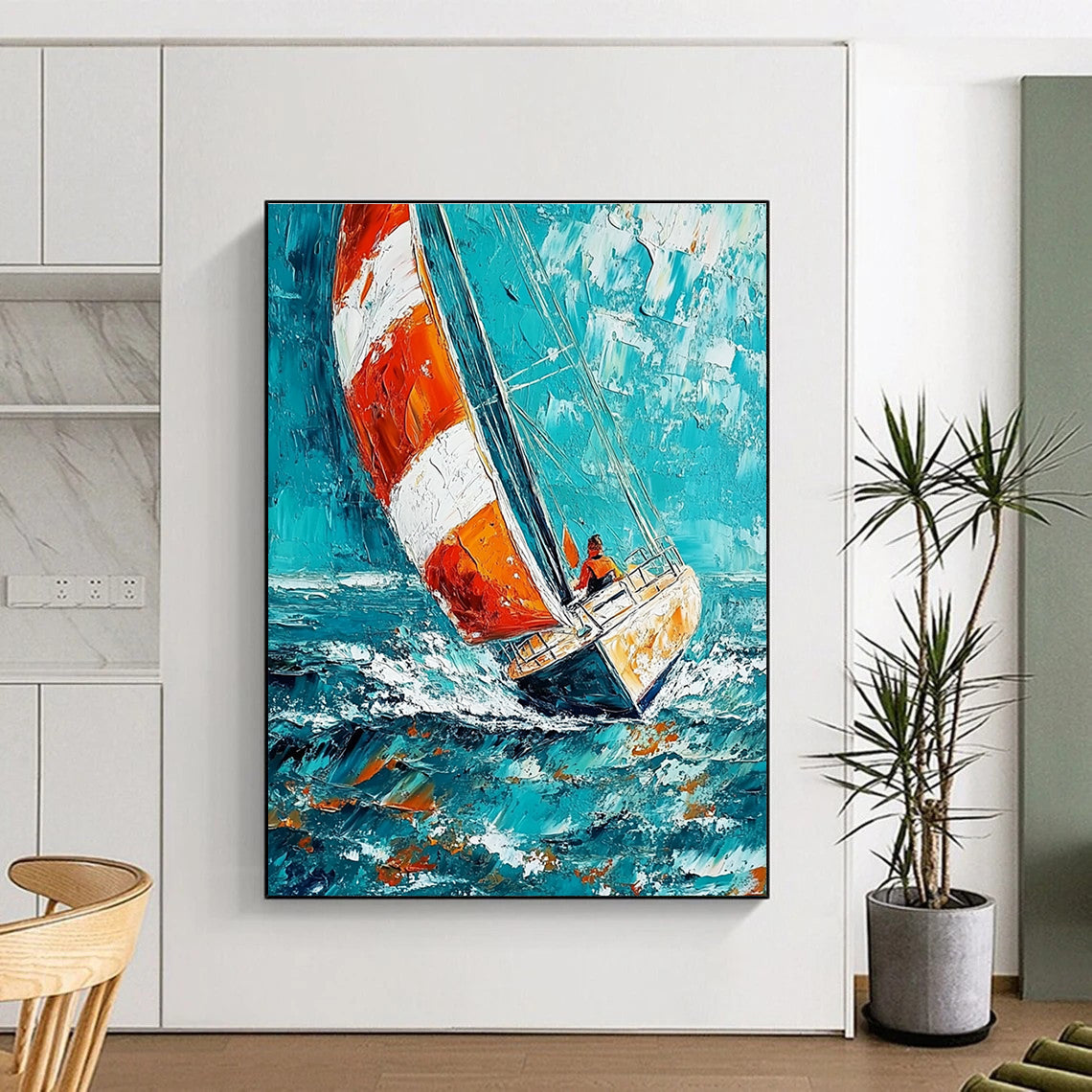 Sailing Boat in Blue Sea Dynamic Abstract Painting for Nautical Enthusiasts GAB1461