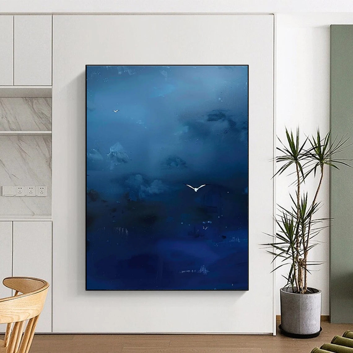 Blue Sky with White Birds Abstract Painting for Coastal Home Offices HENG507
