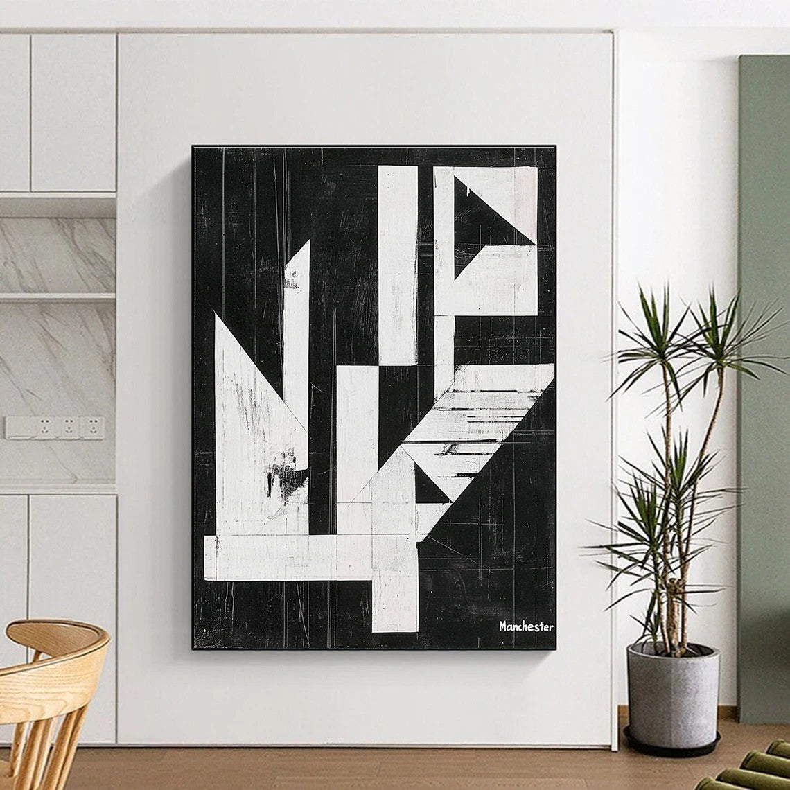 Geometric Black and White Abstract Painting of Architectural Form GAB0197
