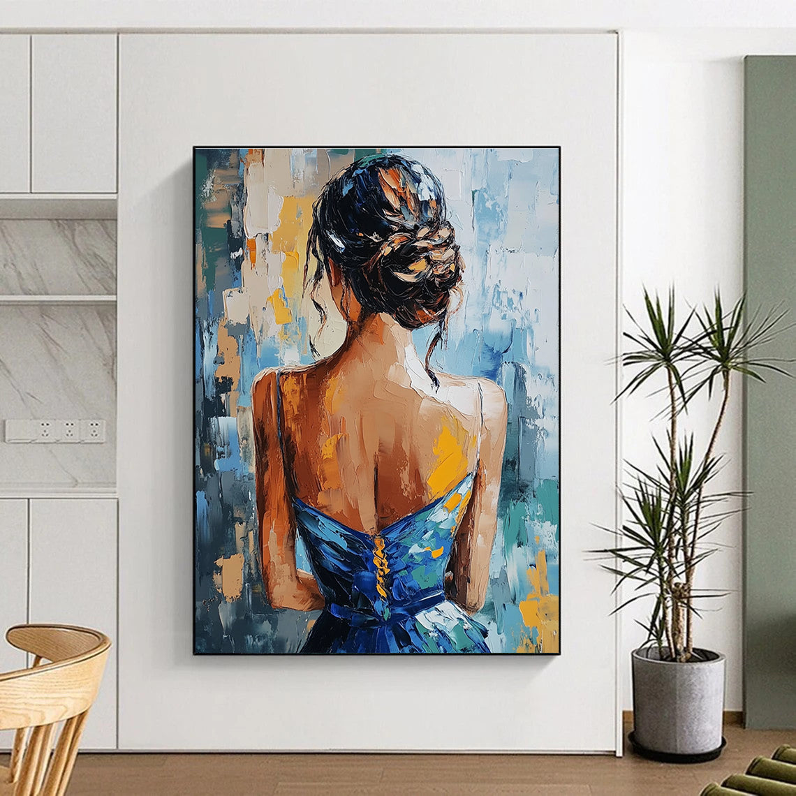 Woman in Blue Dress Abstract Painting for Elegant Dining Rooms GAB1282