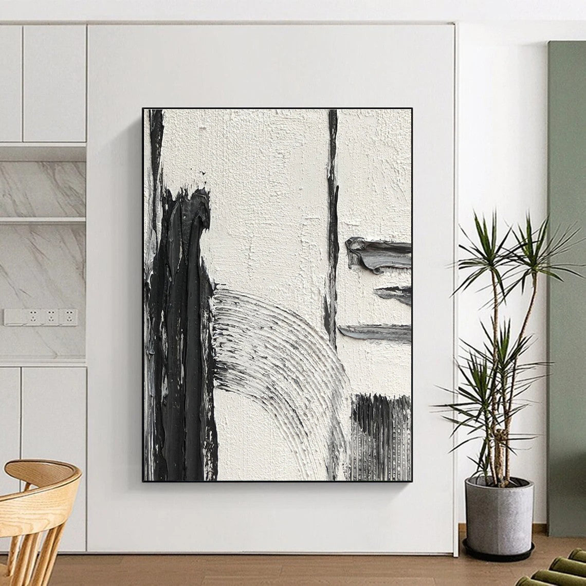 Black - White - Gray Textured Abstract Painting for Modern Hallways HENG386