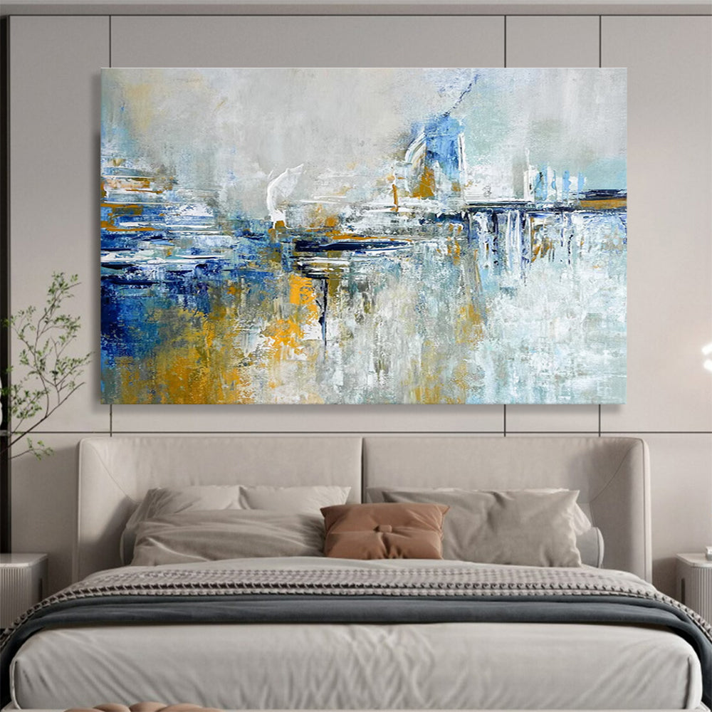 Blue and Gold Abstract Cityscape Painting for Upscale Urban Residences YHT347