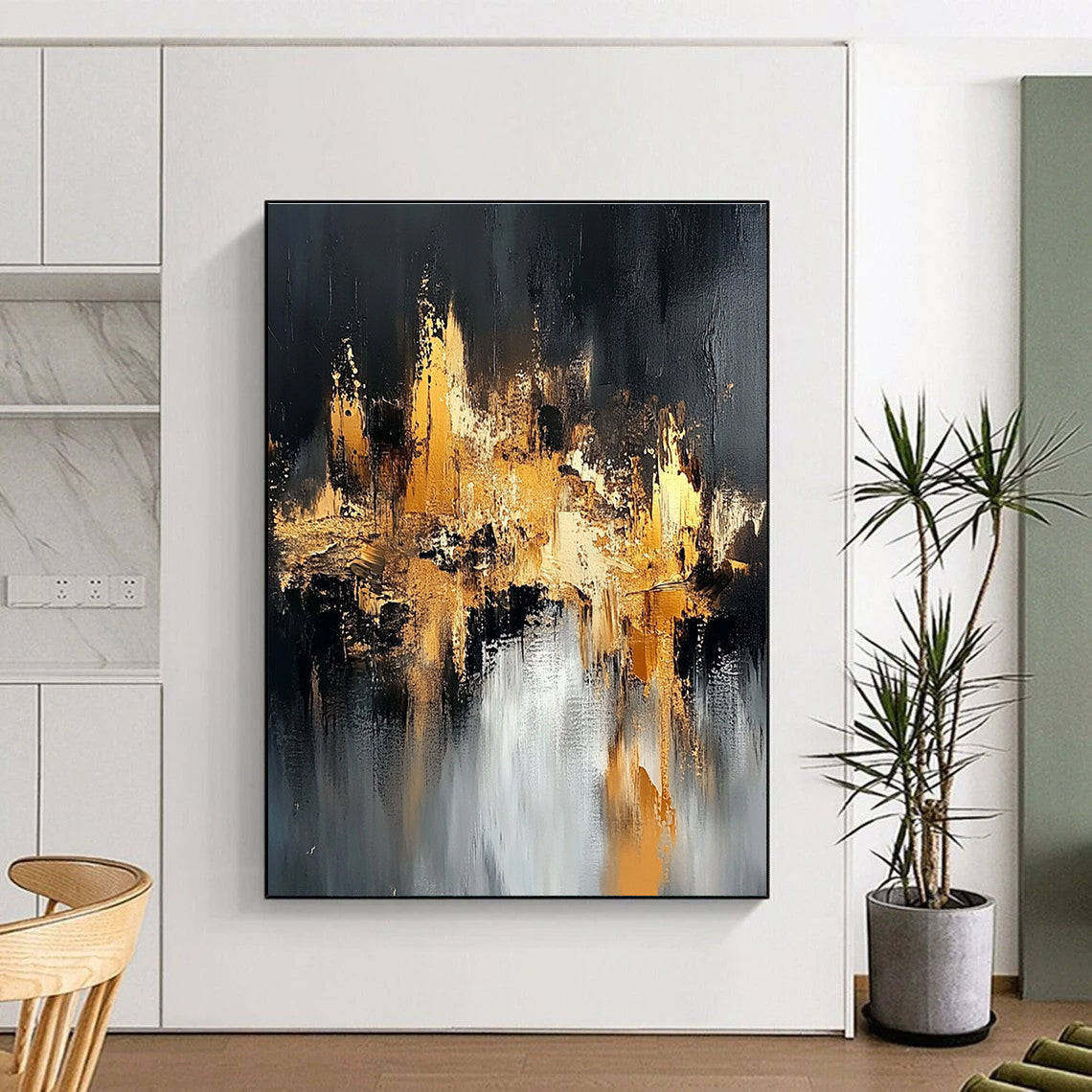 Black Gold Abstract Cityscape Painting with Metallic Highlights WINK643