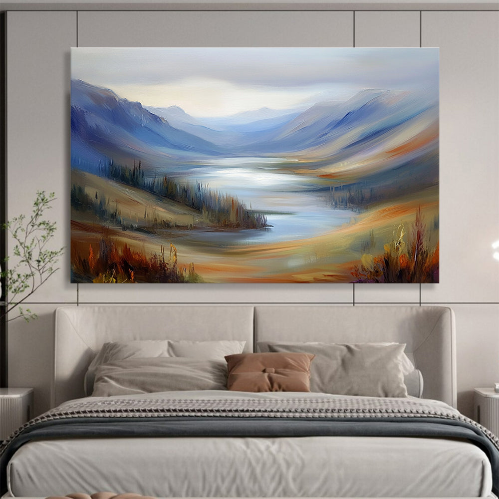 Misty Mountain Valley Lake Painting with Soothing Tranquil Hues ABS560