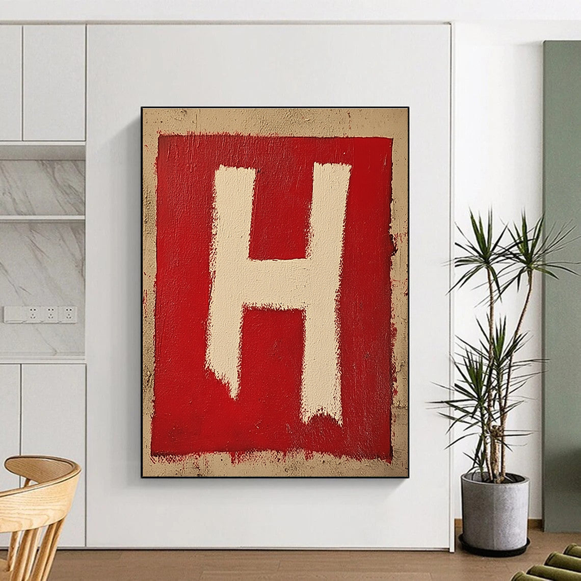 Red and White H Bold Graphic Abstract Painting GAB0324