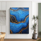 Blue and Gold Wave Patterns Abstract Painting of Oceanic Rhythms GAB0082