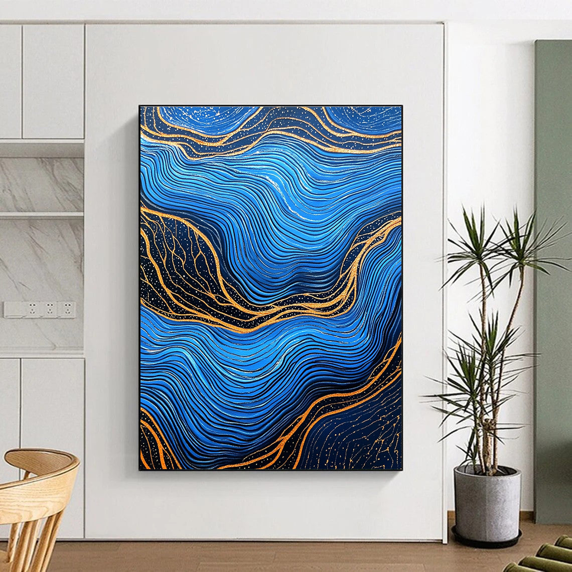 Blue and Gold Wave Patterns Abstract Painting of Oceanic Rhythms GAB0082