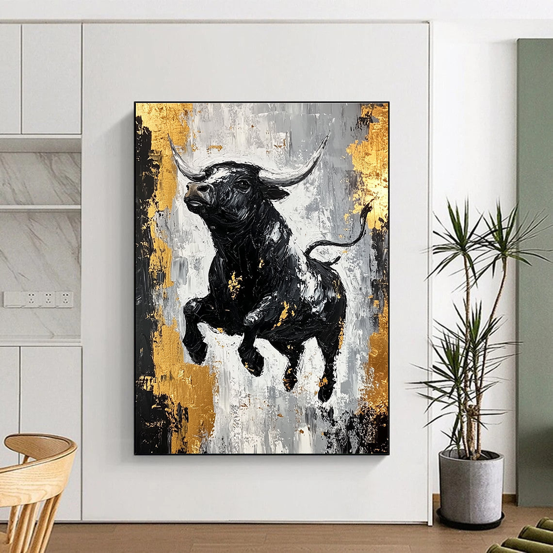 Dynamic Black Bull with Gold Accents Abstract Painting GAB0032