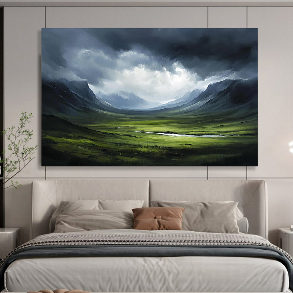 Dark Valley with Stormy Sky Abstract Painting with Dramatic Nature ABS604