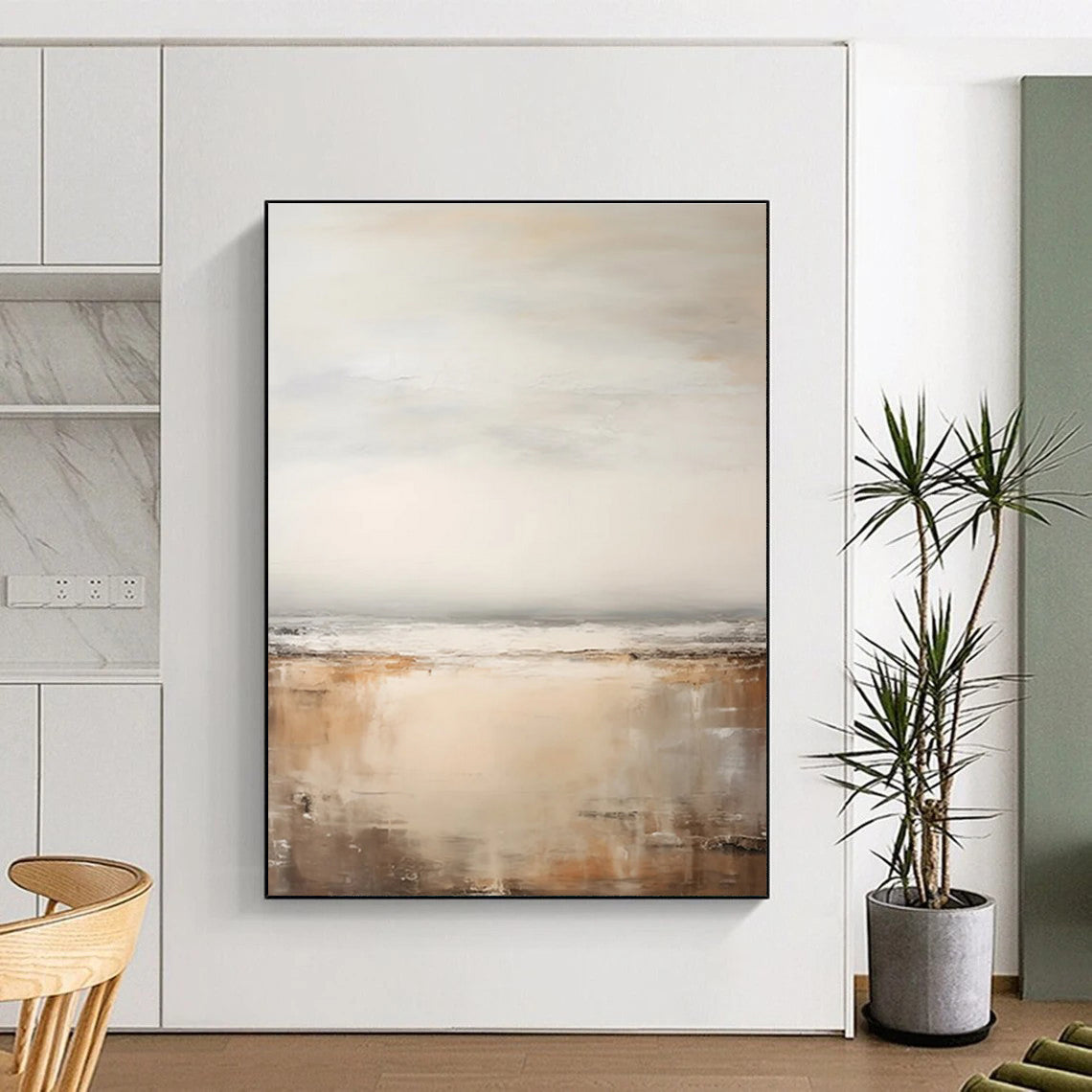 Neutral - Toned Seaside Abstract Painting for Coastal - Themed Spas HENG132