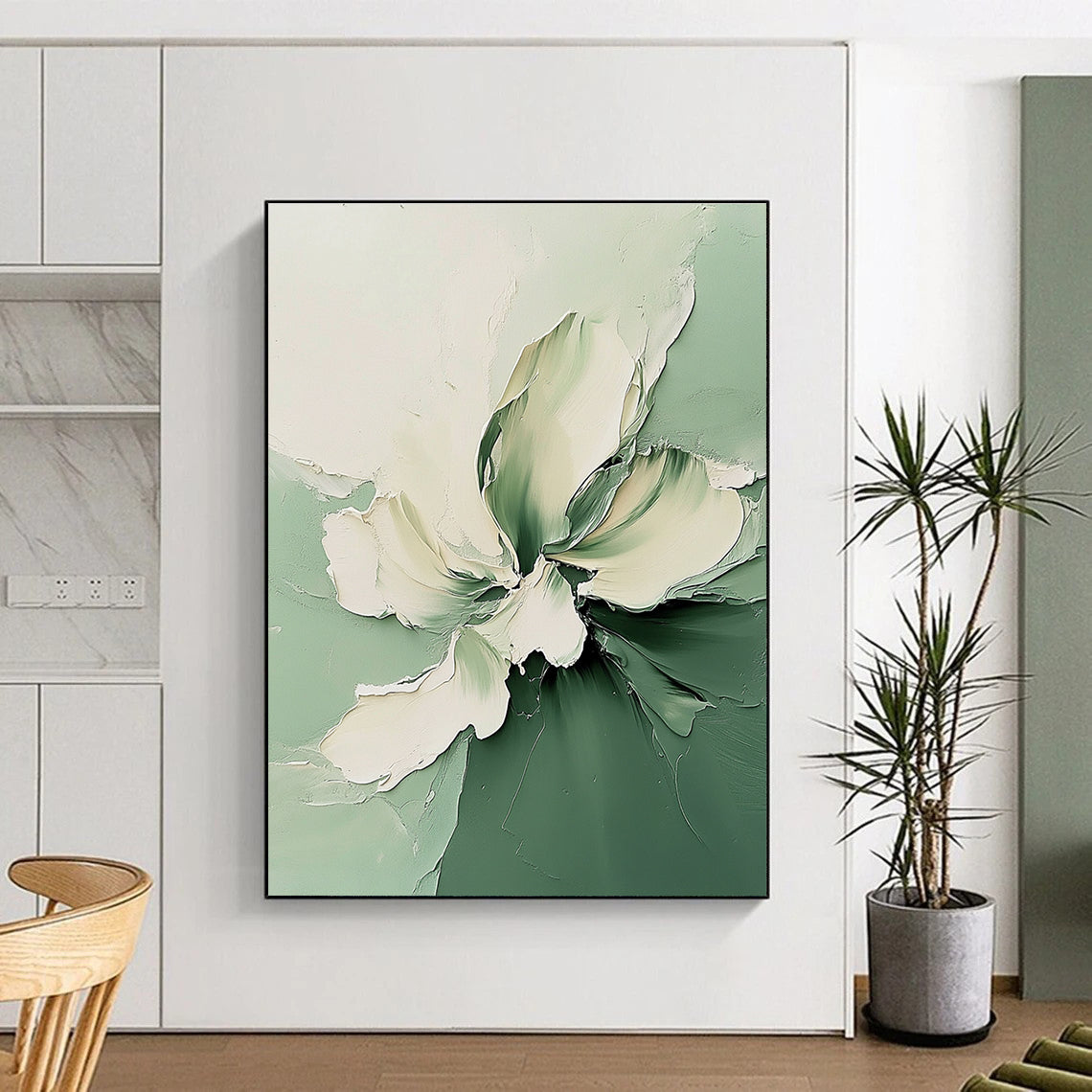Green and White Flower Abstract Painting for Fresh Interiors GAB0709