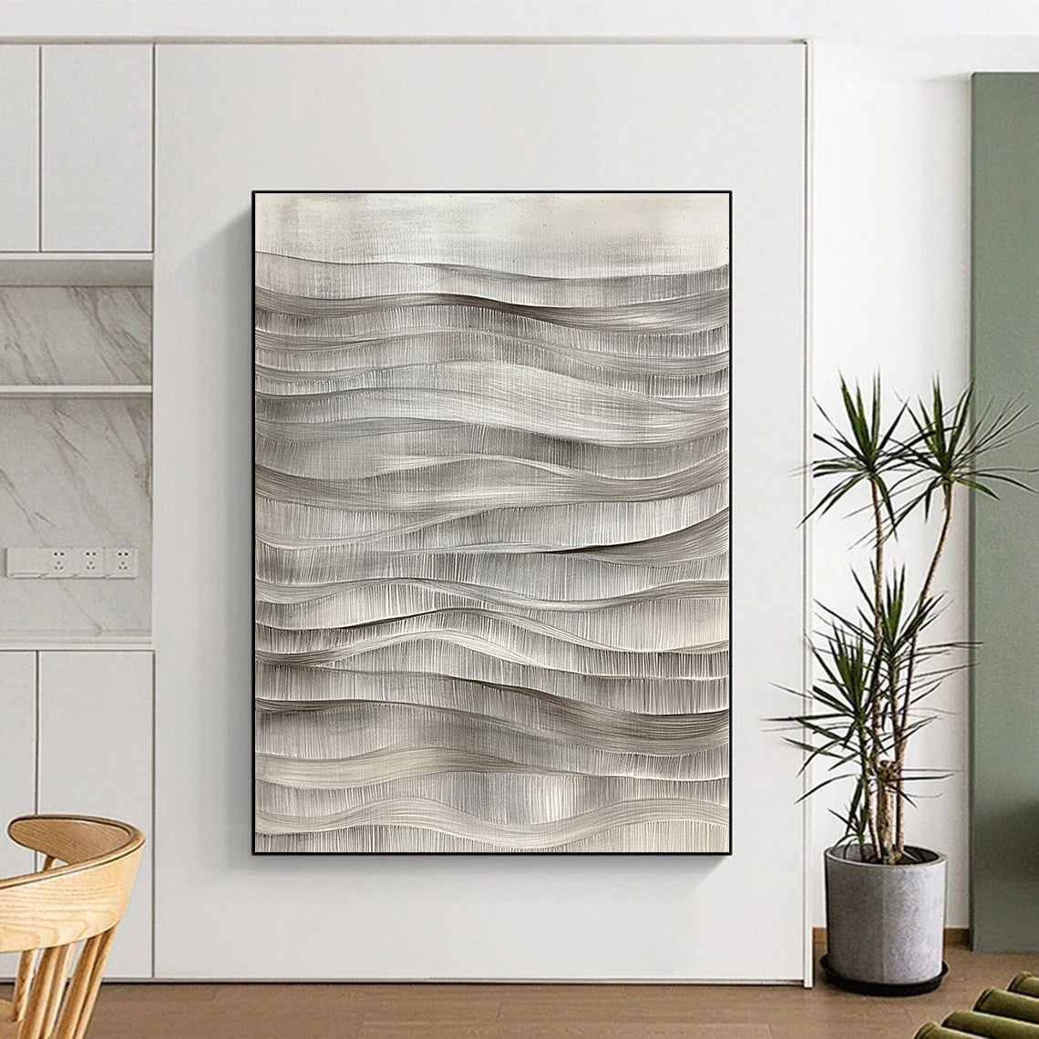 Grey Wavy Lines Textured Abstract Painting for Minimalist Spaces GAB1480