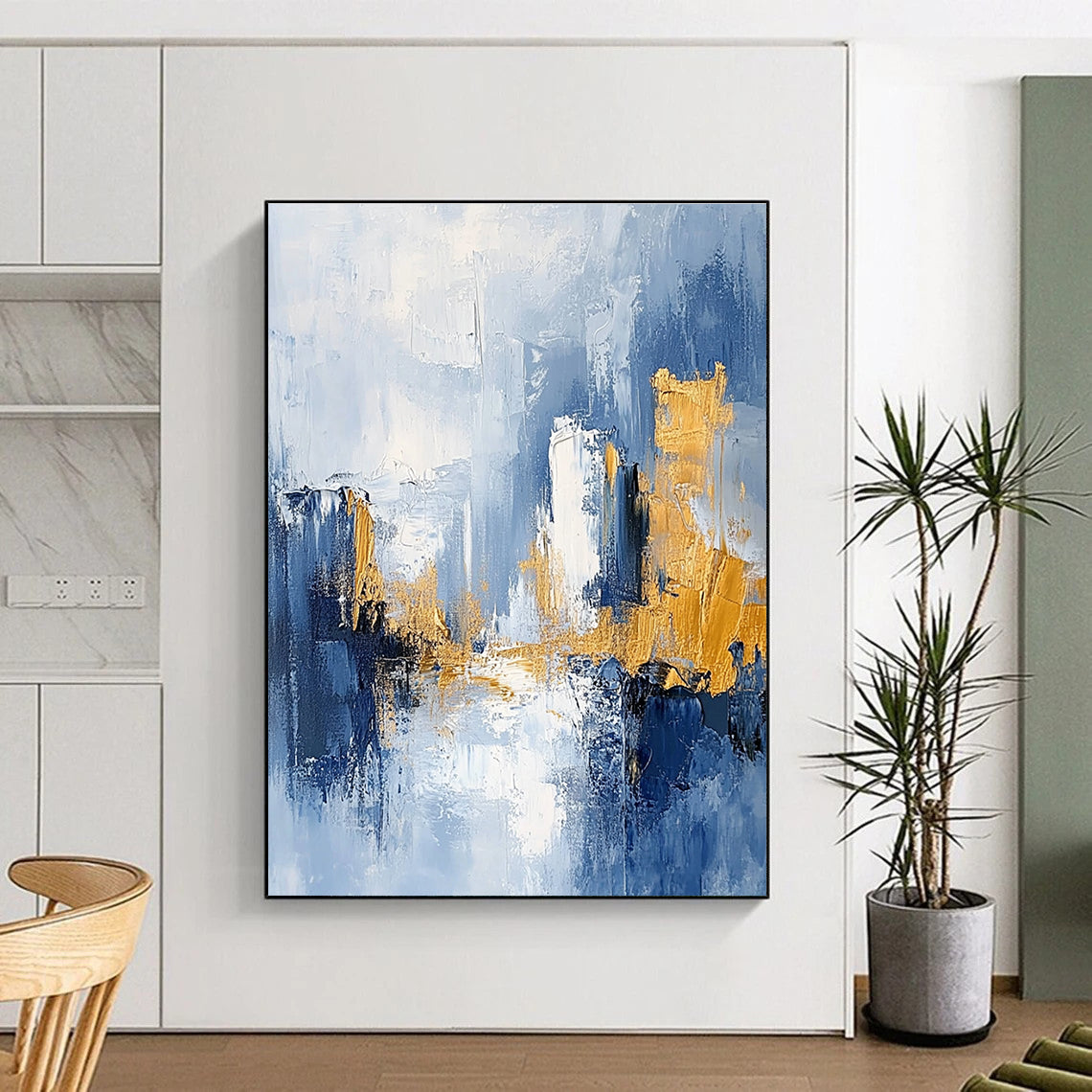Light Blue - Gold Abstract Cityscape Painting with Dreamy Urbanity WINK378