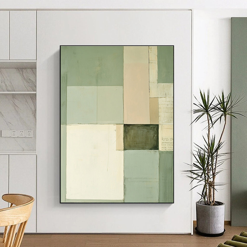 Green and Beige Geometric Blocks Abstract Painting with Subtle Harmony WINK274