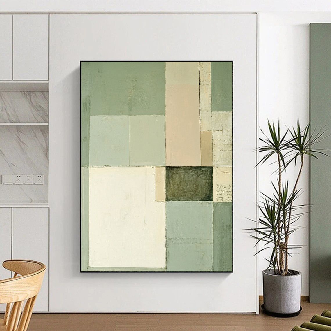 Green and Beige Geometric Blocks Abstract Painting with Subtle Harmony WINK274
