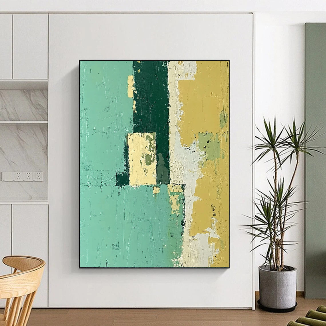 Teal and Yellow Blocks Abstract Painting with Cheerful Contrast WINK108