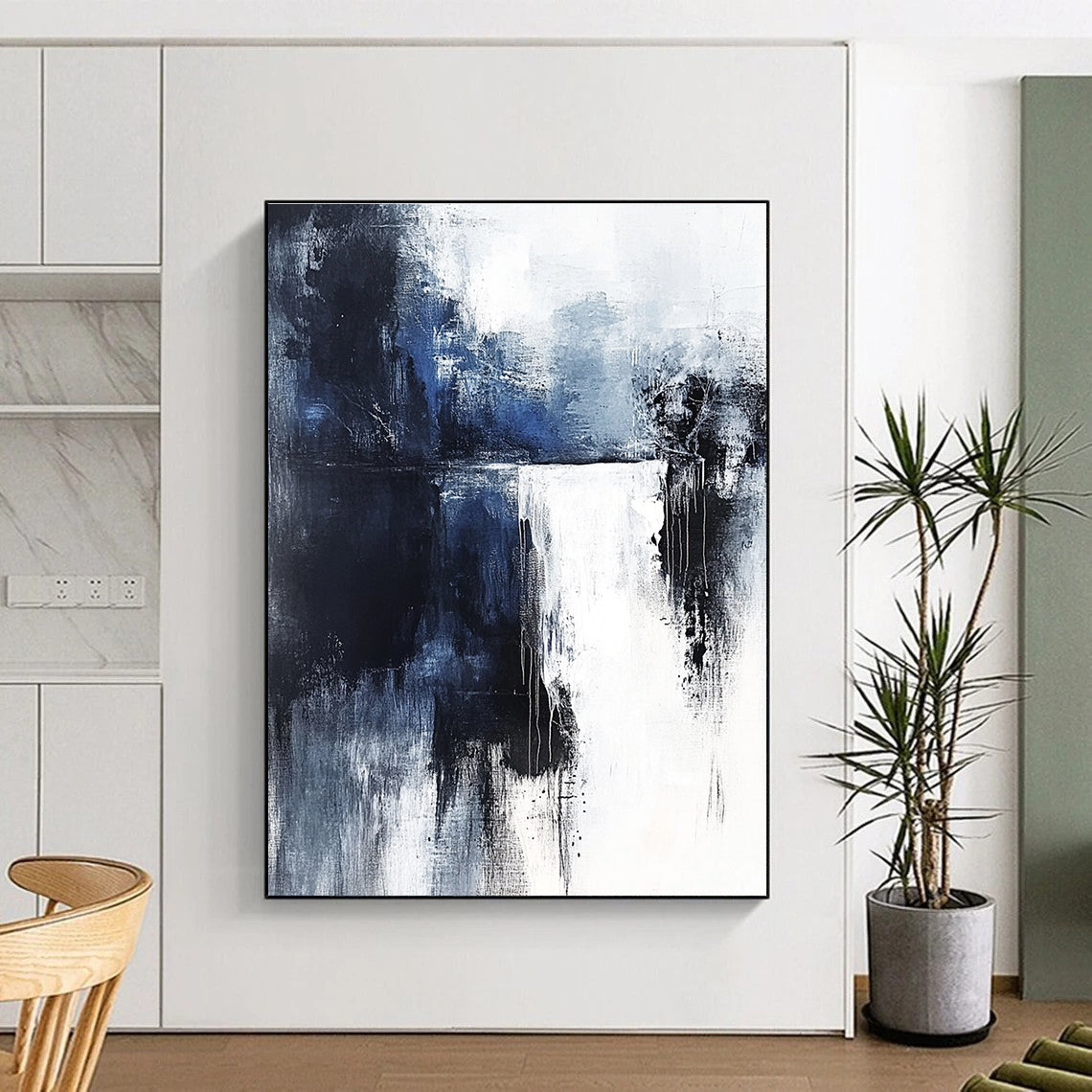 Dramatic Blue and Black Drip Abstract Painting for Bold Decor GAB0684