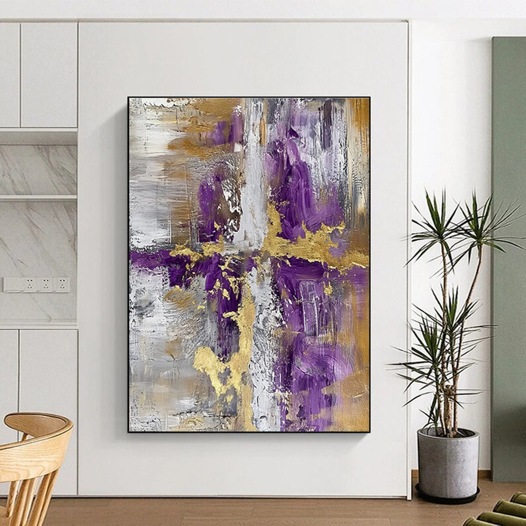 Purple - Gold - Gray Abstract Cross Painting for Contemporary Religious Spaces HENG135