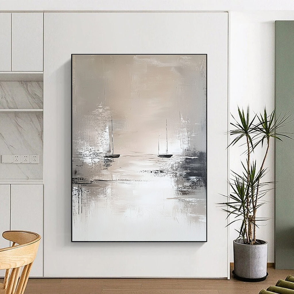 Serene Monochrome Sailboats Abstract Painting for Calm Spaces GAB0671