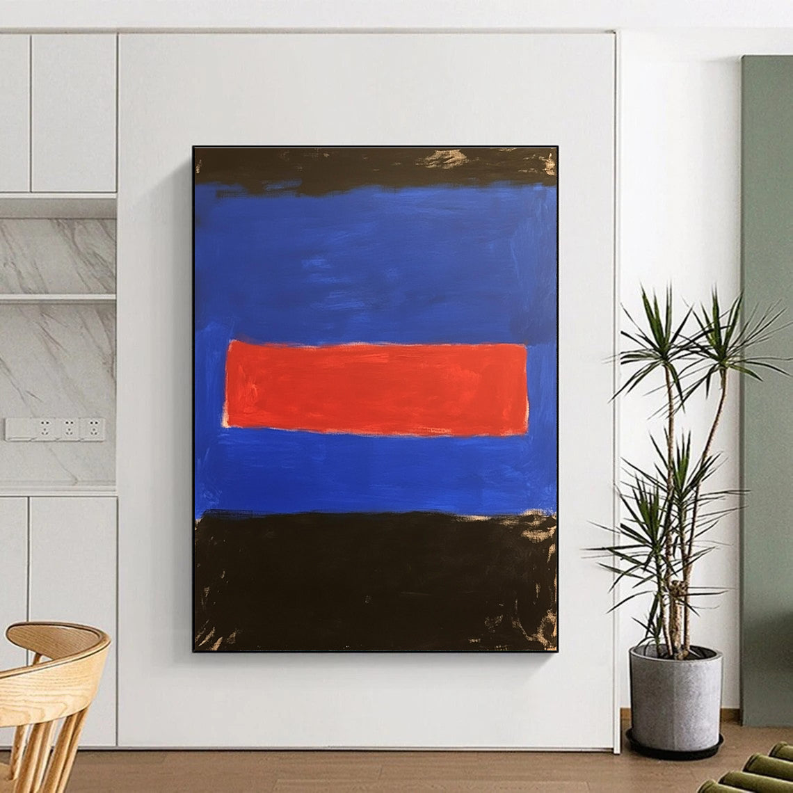 Blue with Red and Black Bands Abstract Painting with Bold Color Blocking WINK028