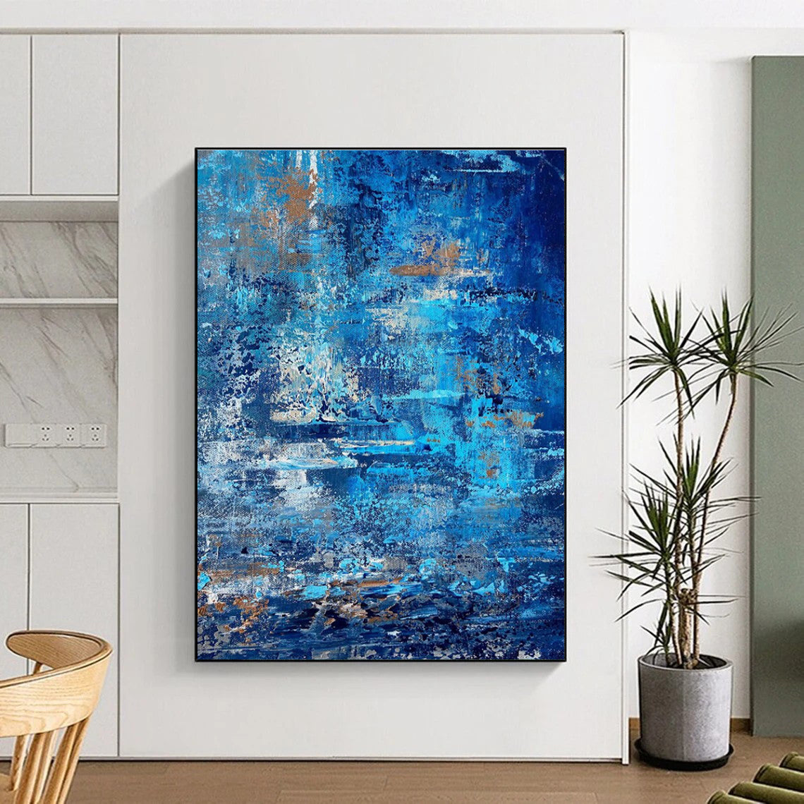 Blue and Gold Textured Abstract Painting for Coastal Home Interiors HENG457