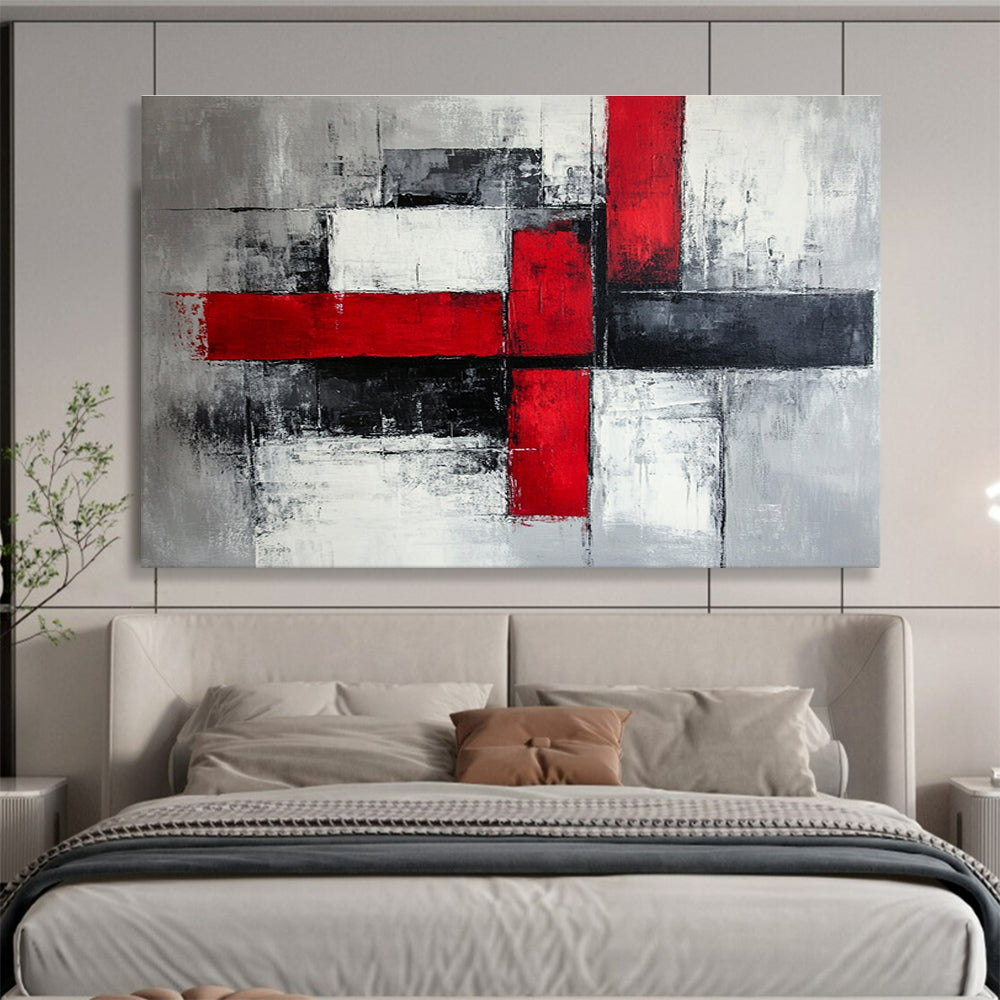 Red, Black and Gray Geometric Abstract Painting with Bold Contrasts ABS397