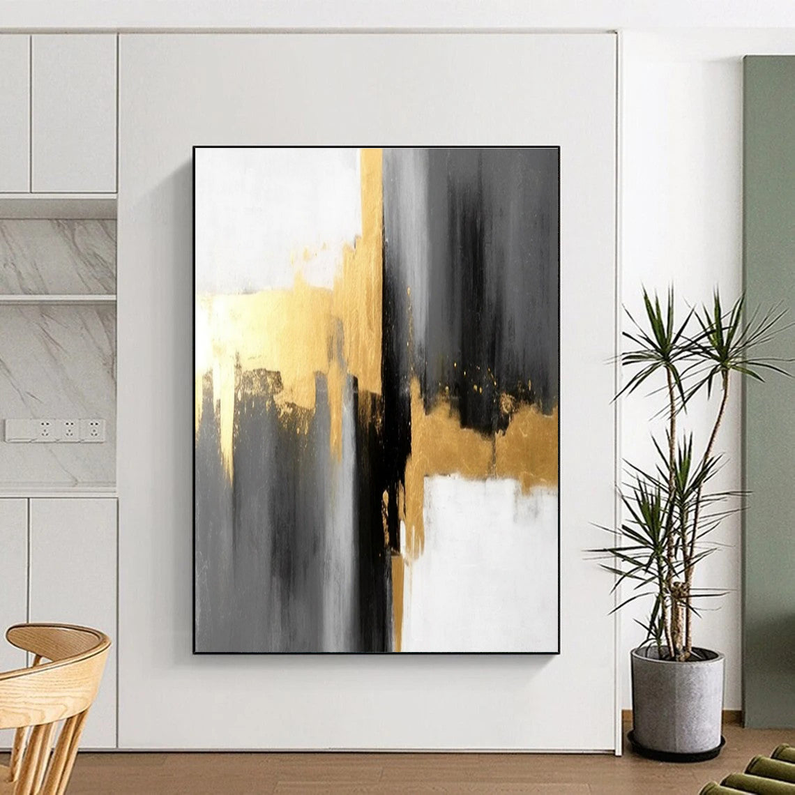 Gray - Gold Abstract Contrast Painting for Sophisticated Corporate Lobbies HENG076