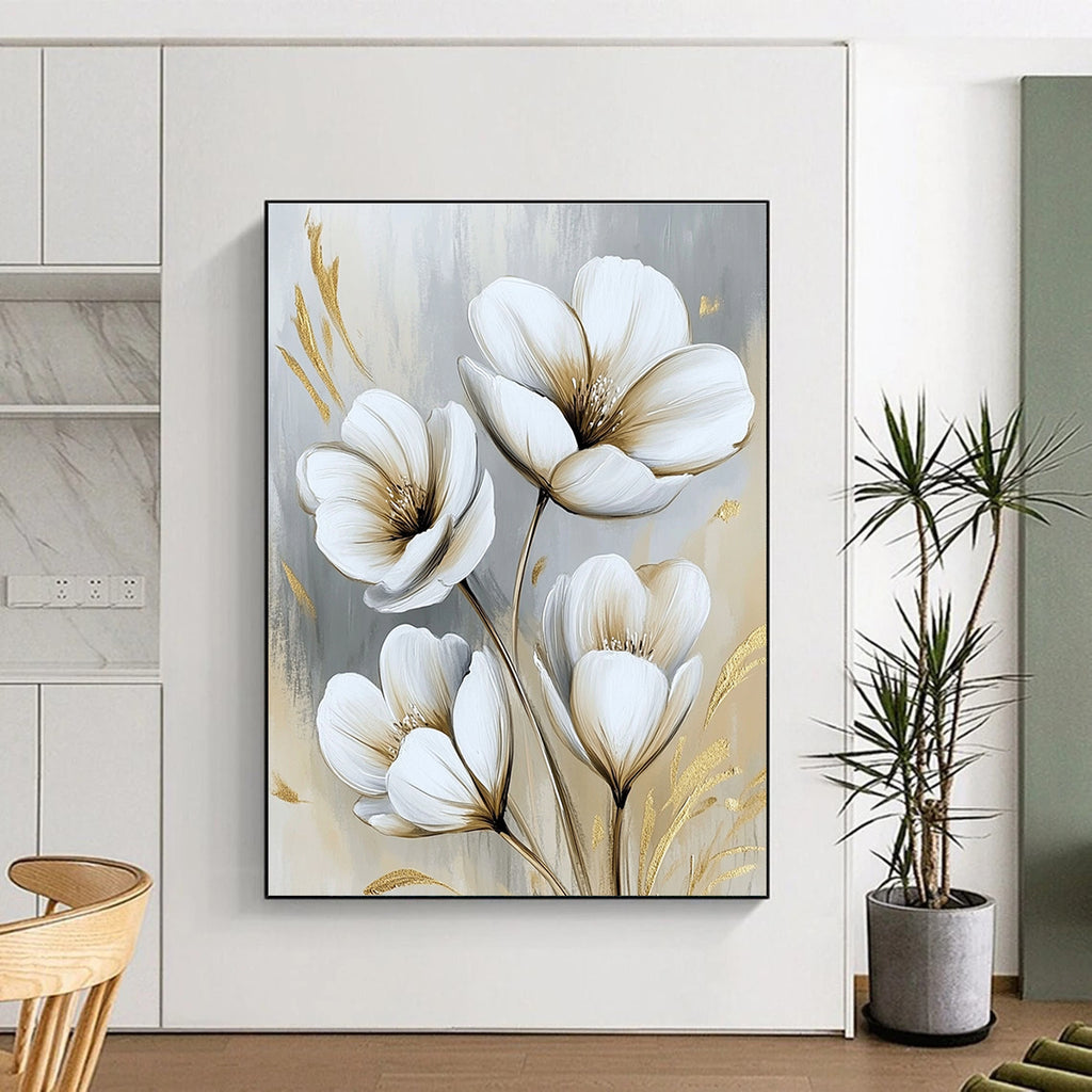 White Flowers with Gold Luxe Abstract Painting for Glamorous Interiors GAB1524