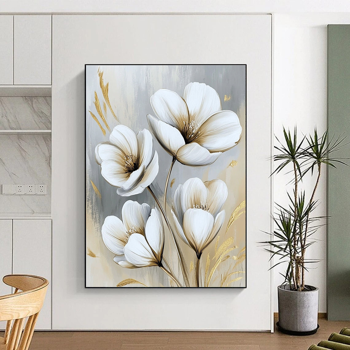 White Flowers with Gold Luxe Abstract Painting for Glamorous Interiors GAB1524