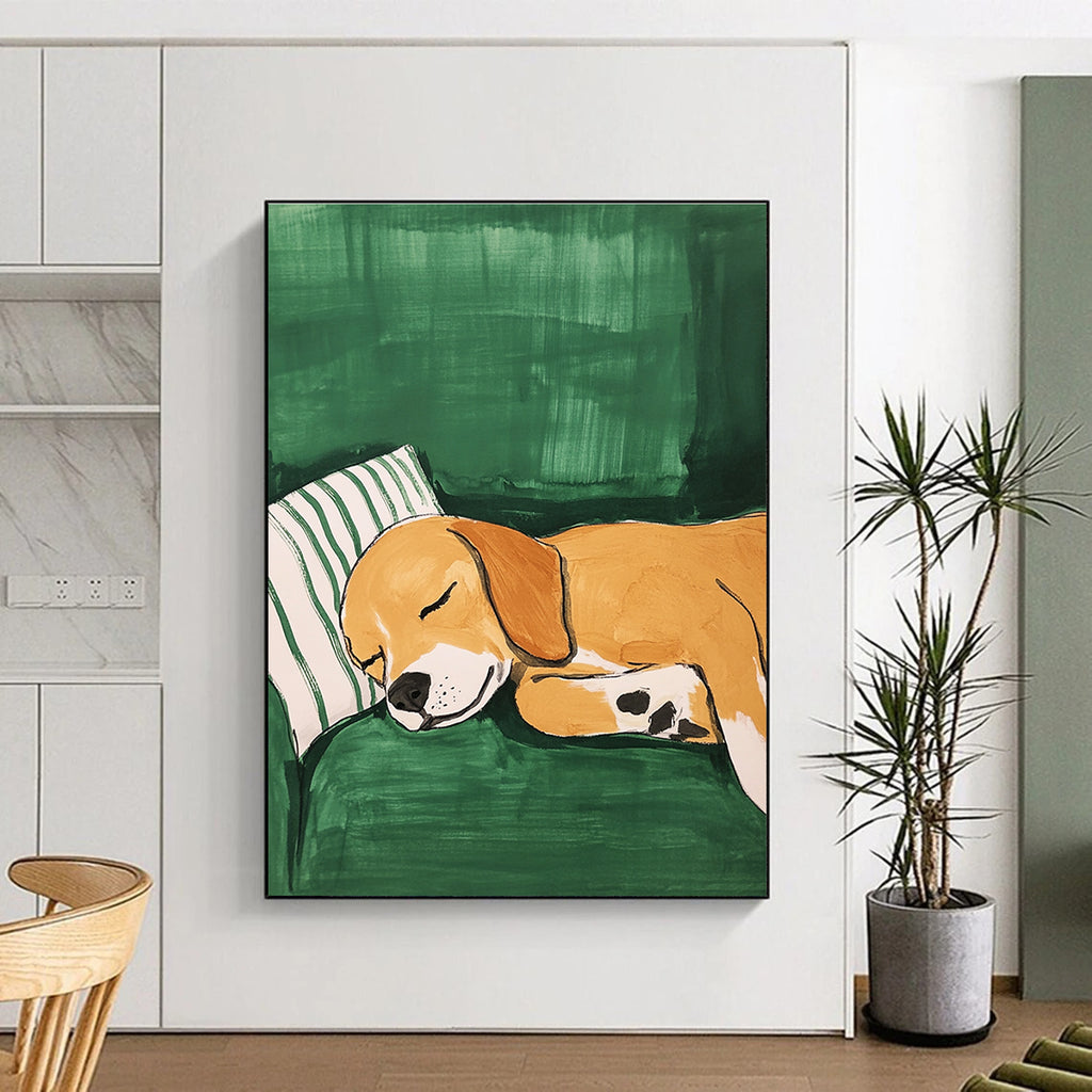 Sleeping Dog on Green Cozy Pet - Inspired Abstract Painting GAB0345