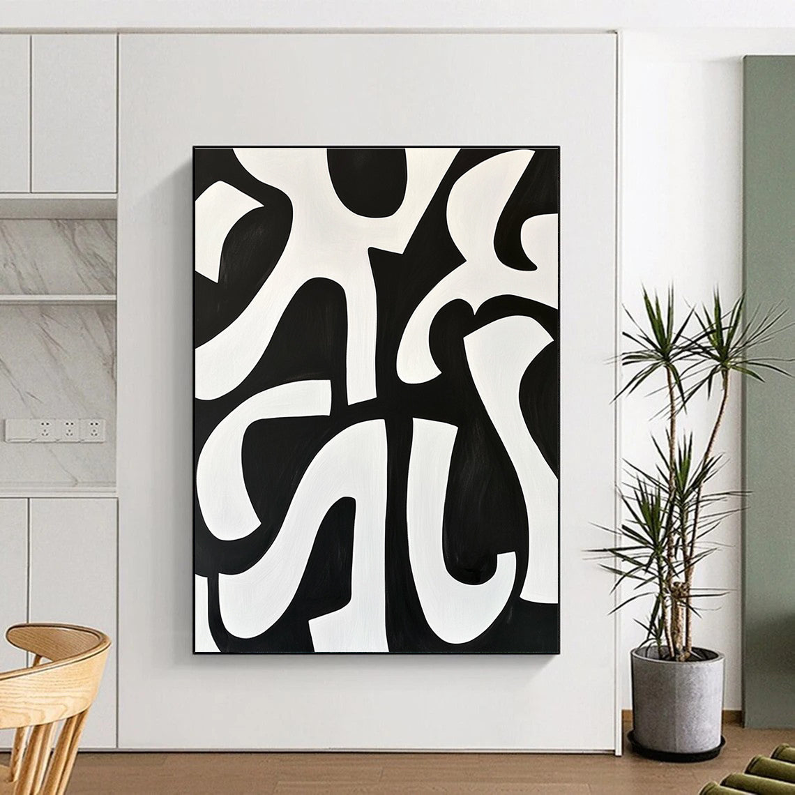Black and White Curved Forms Abstract Painting with Dynamic Contrast WINK236