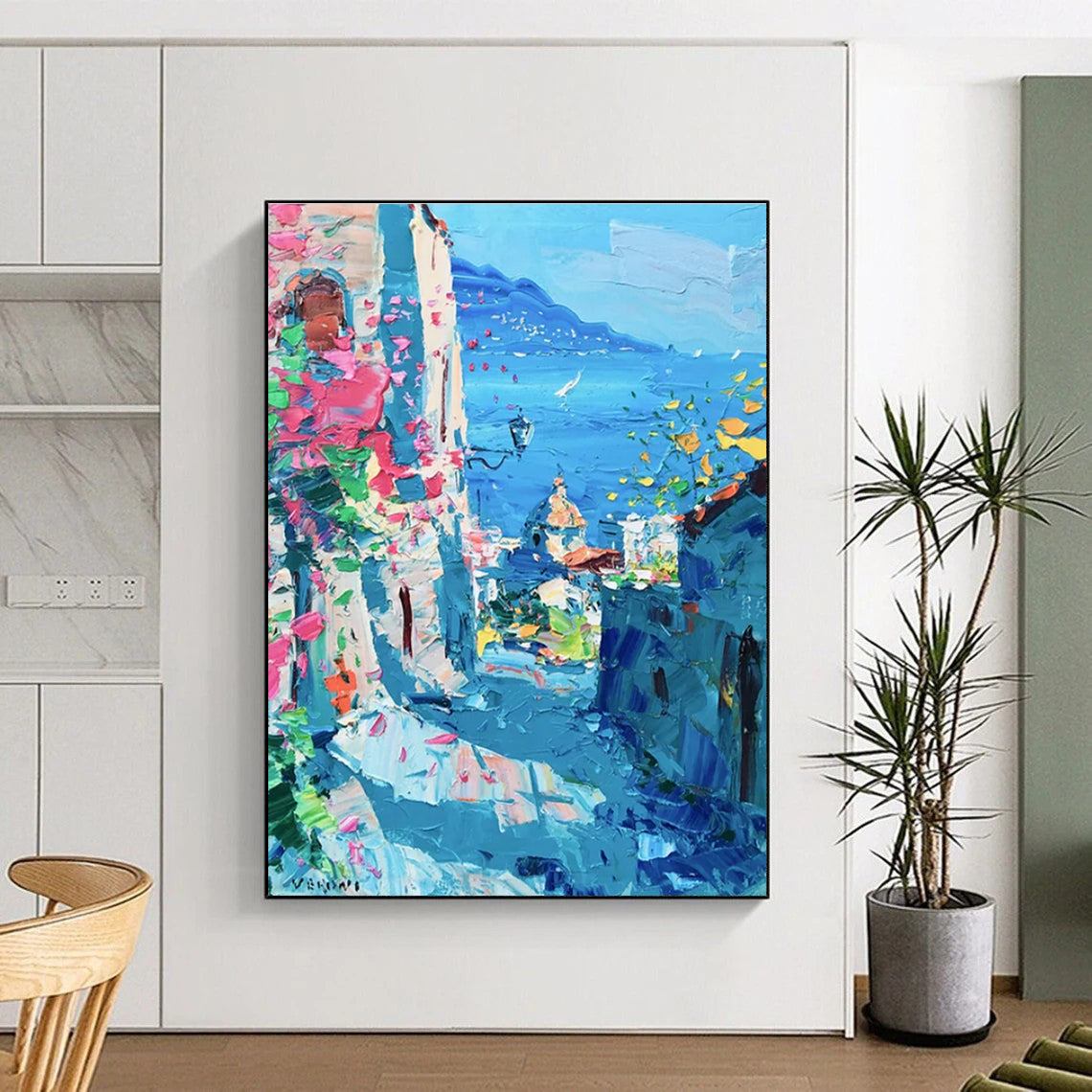 Coastal Town with Flowers Abstract Painting for Mediterranean - Style Cafes HENG530
