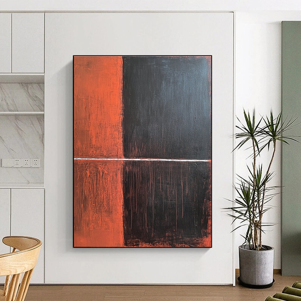 Orange and Black with White Line Abstract Painting with Bold Contrast WINK035