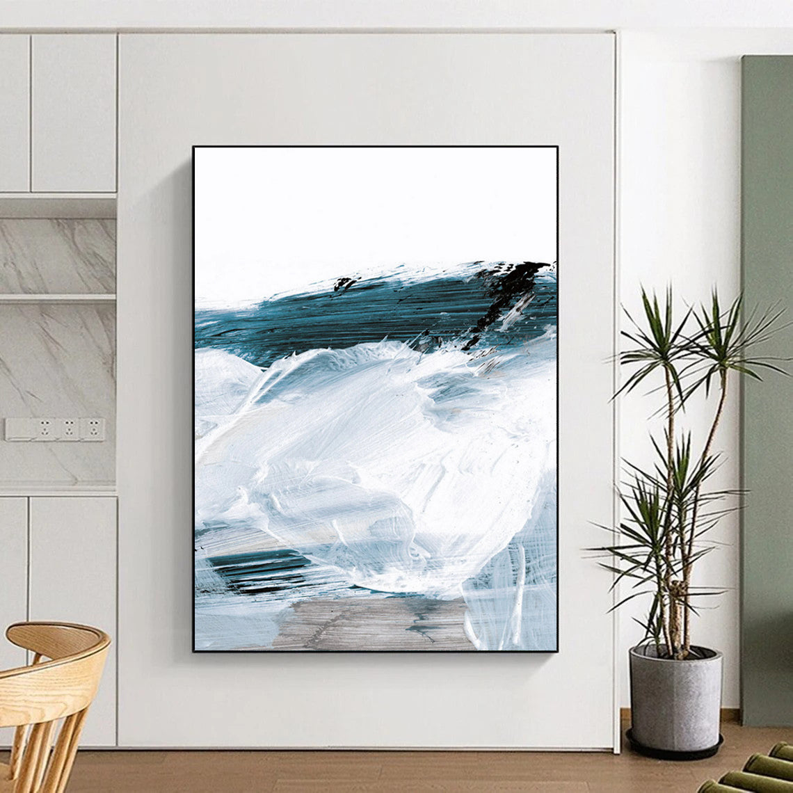 Blue - White Abstract Waves Painting for Coastal - Inspired Home Offices HENG219