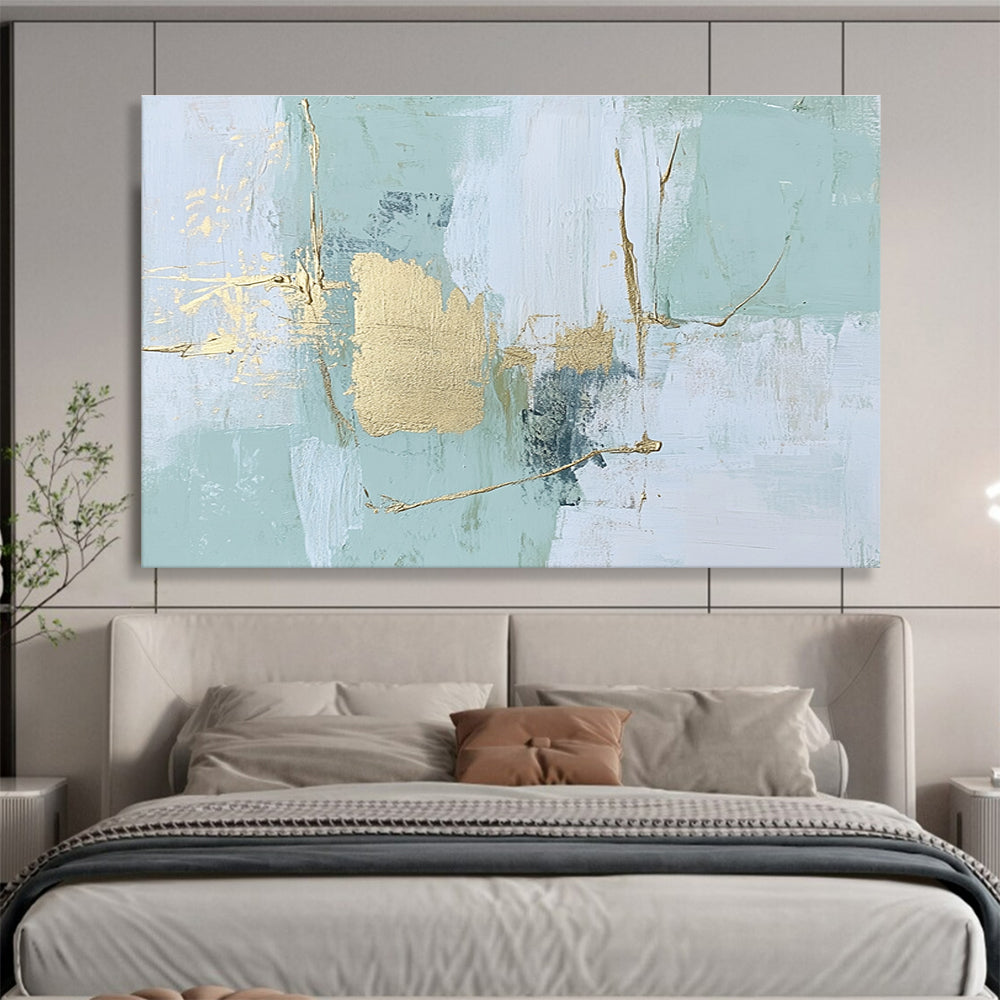 Mint - Gold Abstract Strokes Painting with Subtle, Elegant Accents ABS484