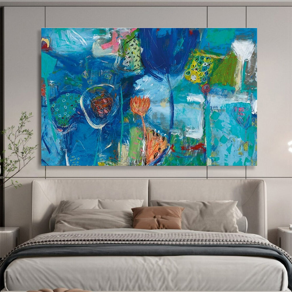 Blue Abstract Floral Painting for Calming Spa Interiors YHT245