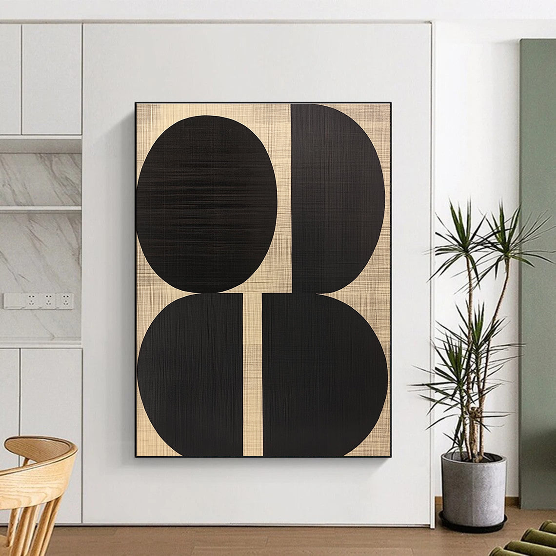 Black Oval Shapes on Woven Background Abstract Painting with Textured Geometry WINK242