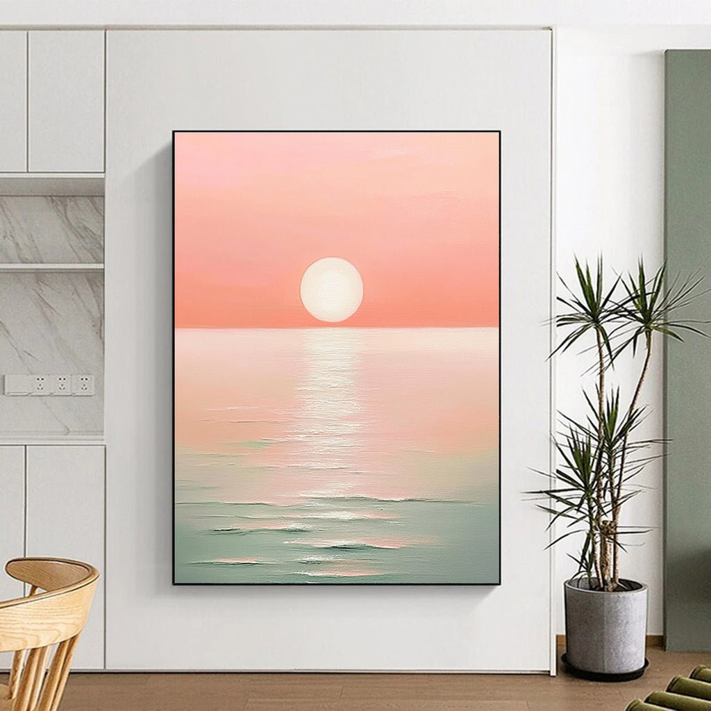 Pink Sunset Over Sea I Minimalist Abstract Painting for Serene Bedrooms GAB1467