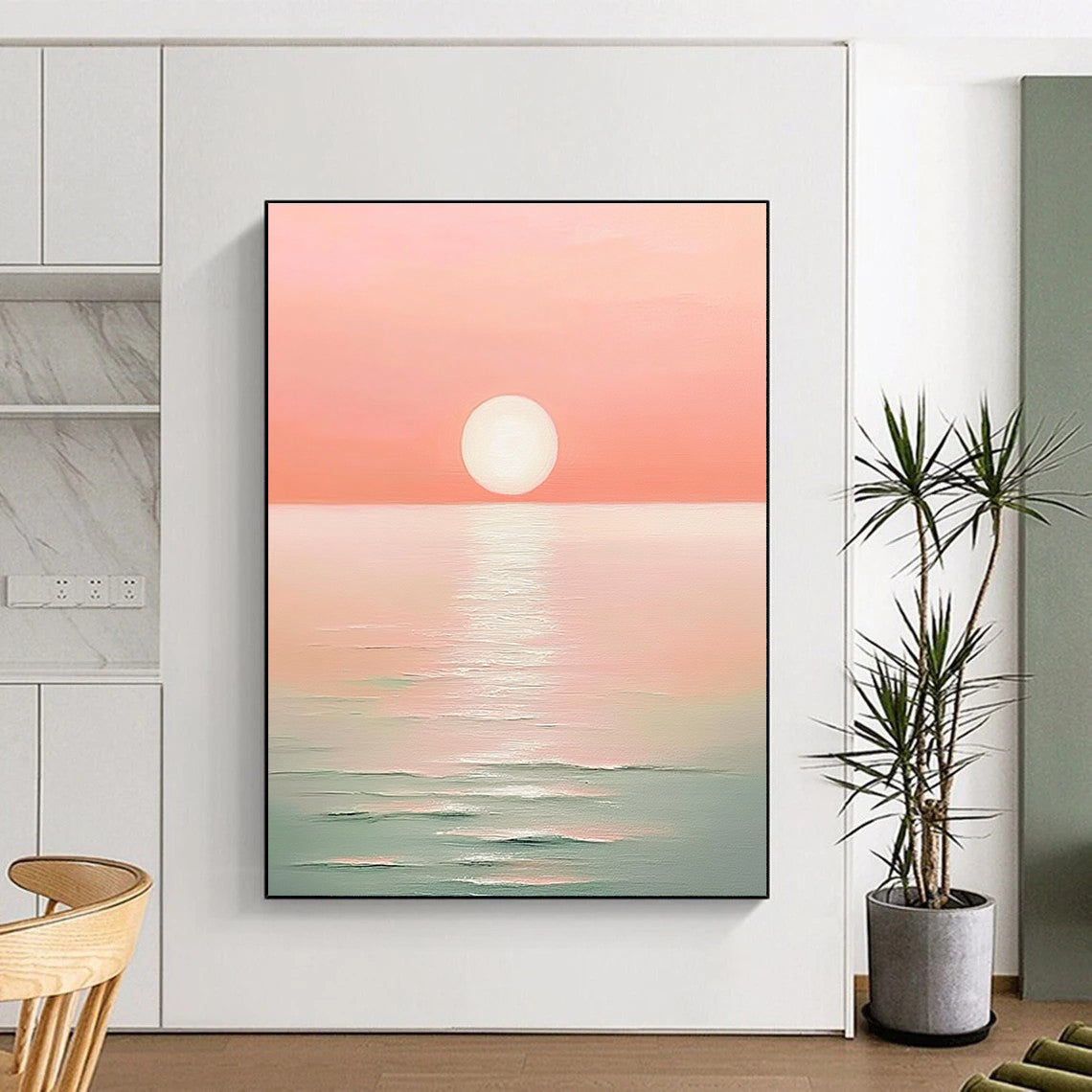 Pink Sunset Over Sea I Minimalist Abstract Painting for Serene Bedrooms GAB1467