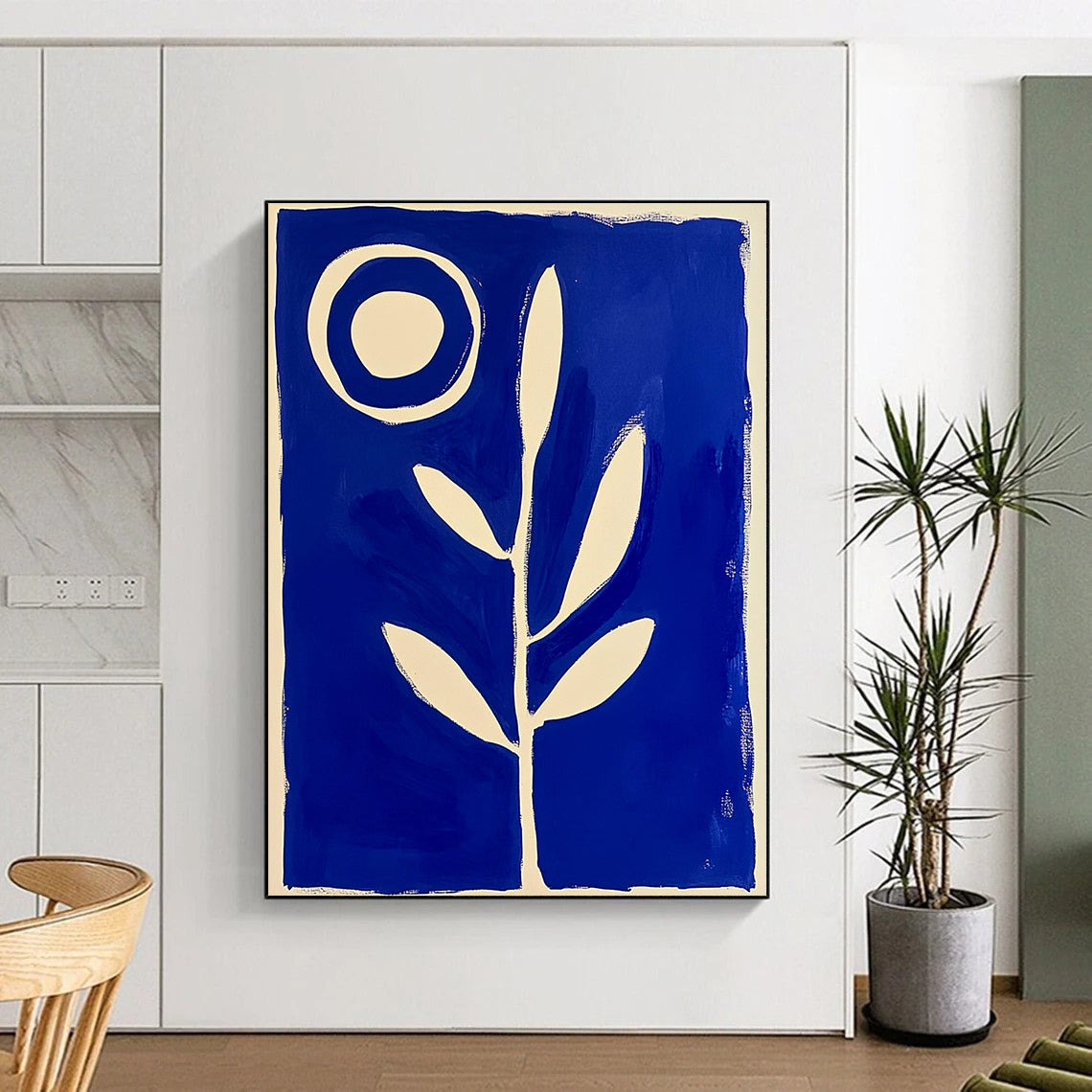 Blue and White Plant with Circle Abstract Painting GAB0040