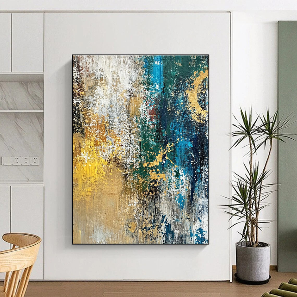 Blue Gold White Abstract Painting with Textured Elegance WINK686