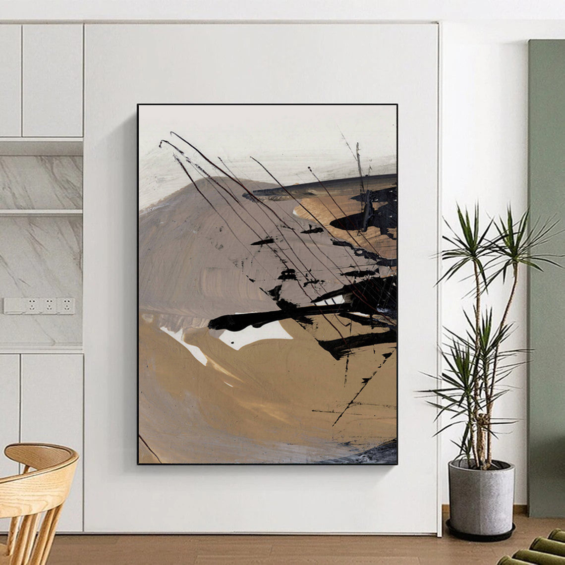 Expressive Black - Beige Abstract Painting for Industrial - Style Cafés HENG201